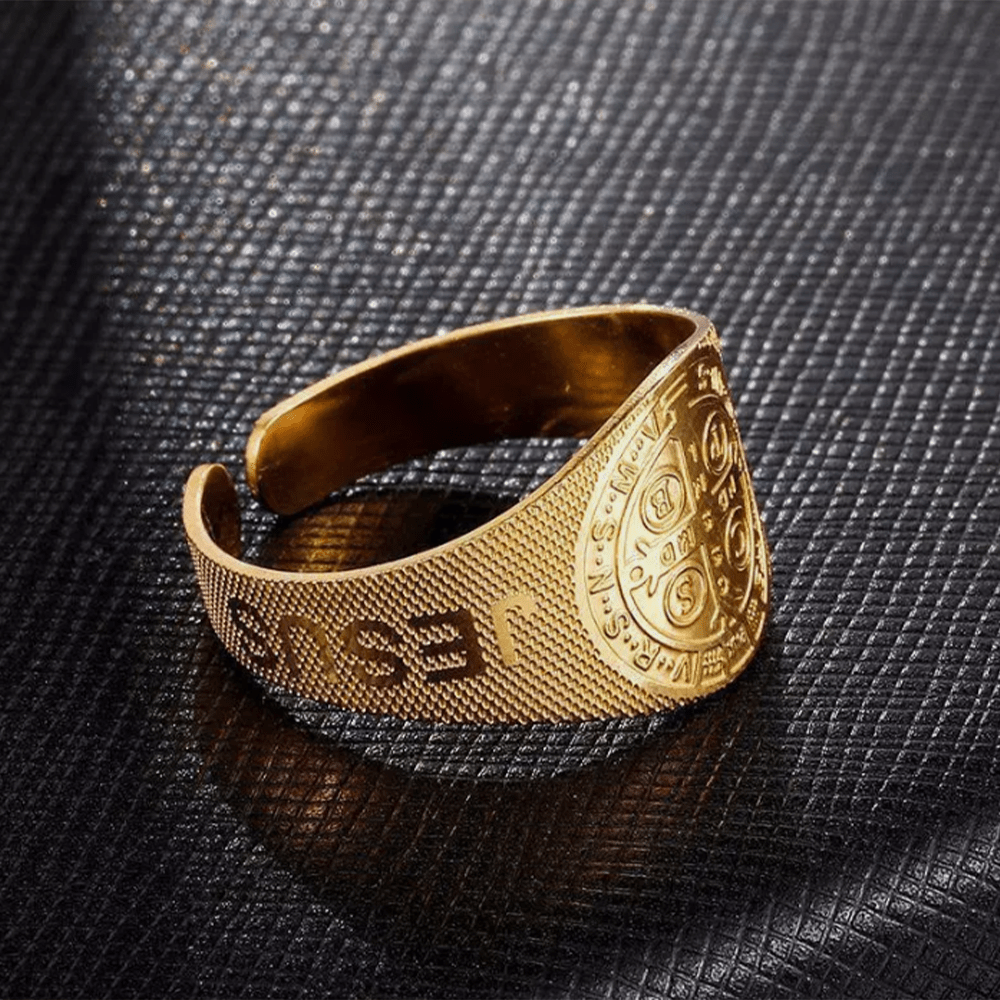 Christianartworkshop Klassischer Stil JESUS ​​St. Benedikt Symbol Titan verstellbarer Ring - image 6