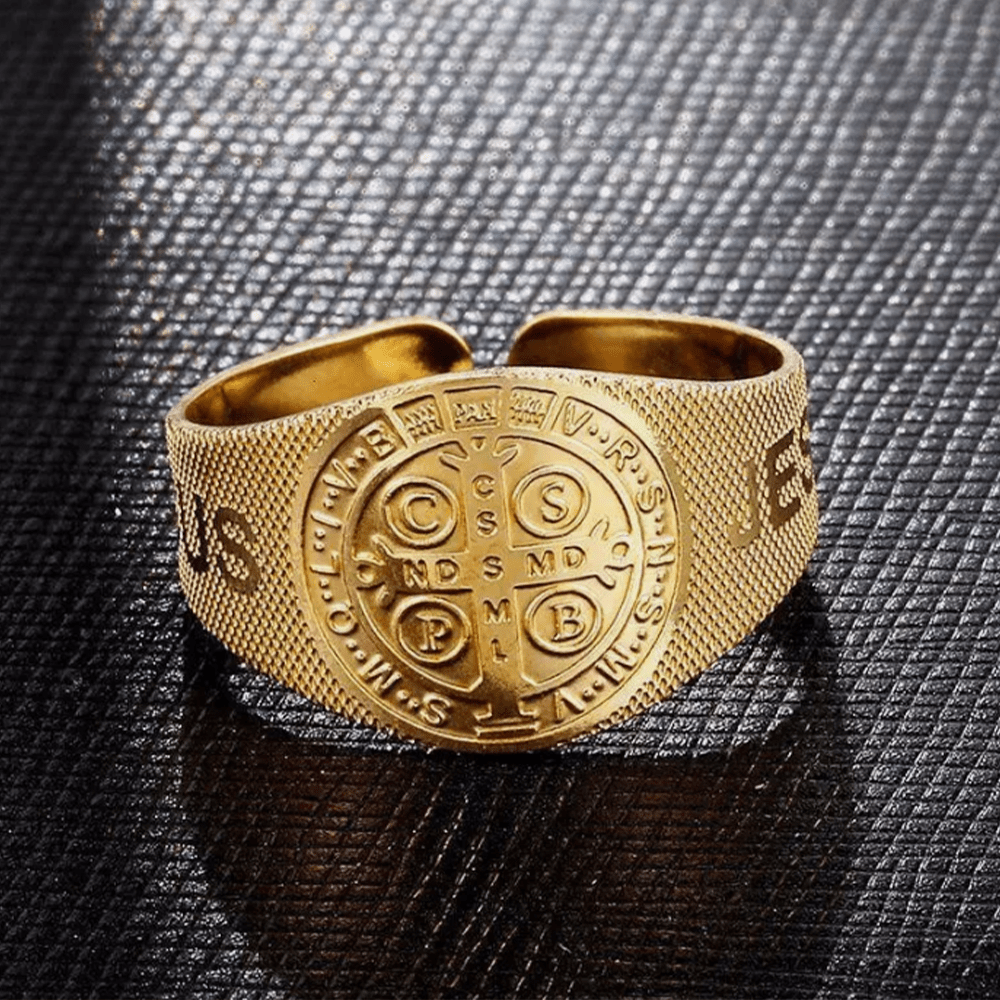 Christianartworkshop Klassischer Stil JESUS ​​St. Benedikt Symbol Titan Verstellbarer Ring - image 3