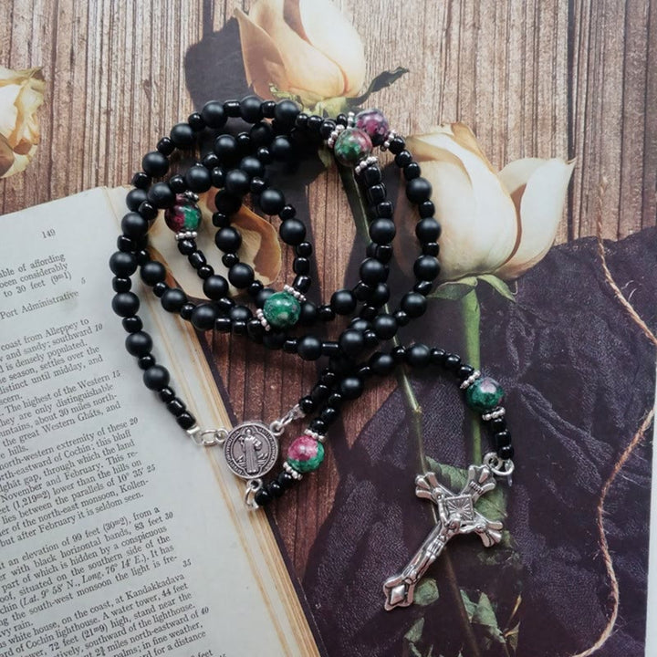 Christianartworkshop St. Benedikt-Medaille und Kruzifix aus 8 mm rundem schwarzem Rosenkranz aus Nylonschnur mit mehreren Materialien - Schwarz - image 1
