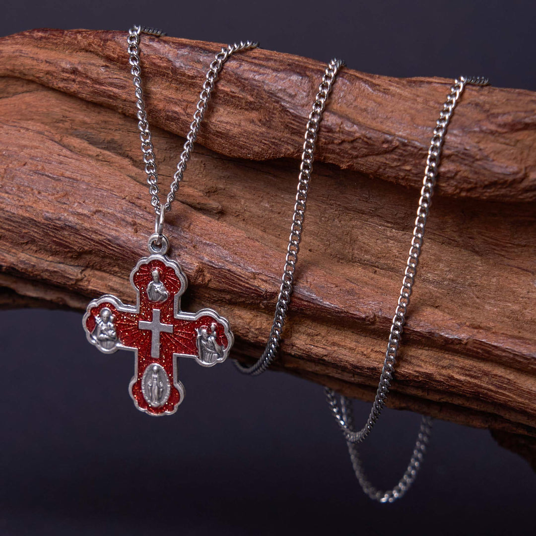 Christianartworkshop Halskette im klassischen Stil mit Karmeliter-Anhänger, fünf in einem, vierfachem Kreuz, Legierung - Rot - image 1