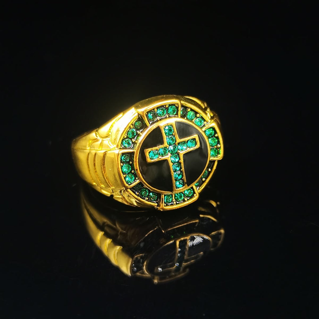Christianartworkshop Ring im Retro-Stil mit grünen Edelsteinen und Kreuz, goldene Legierung - image 5