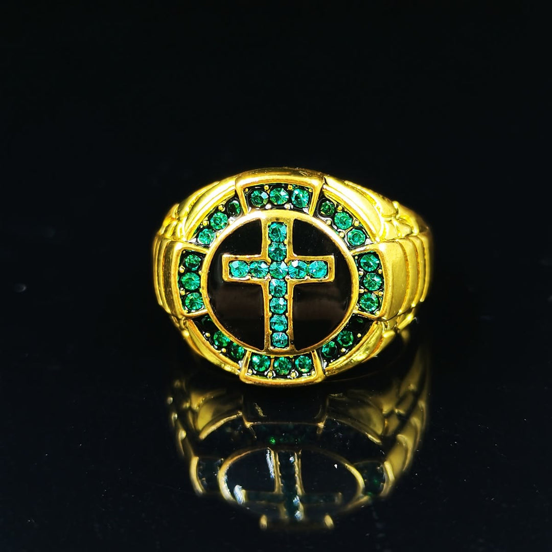Christianartworkshop Ring im Retro-Stil mit grünen Edelsteinen und Kreuz, goldene Legierung - image 6