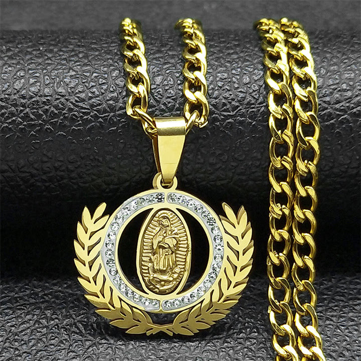 Christianartworkshop Halskette im klassischen Stil mit Olivenzweig und Strass-Anhänger Unserer Lieben Frau von Guadalupe - Golden - image 0