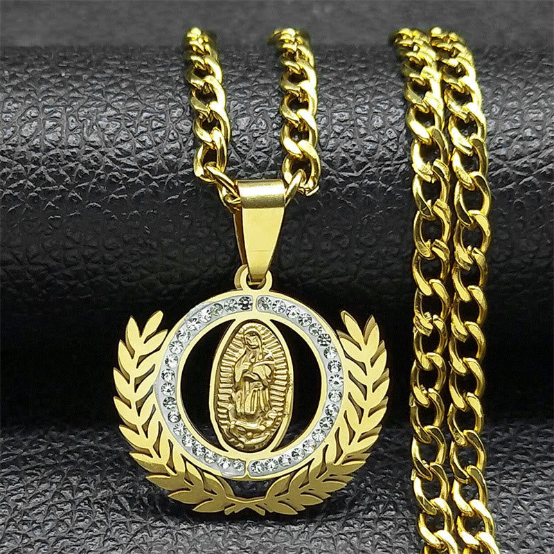 Christianartworkshop Halskette im klassischen Stil mit Olivenzweig und Strass-Anhänger Unserer Lieben Frau von Guadalupe - Golden - image 1