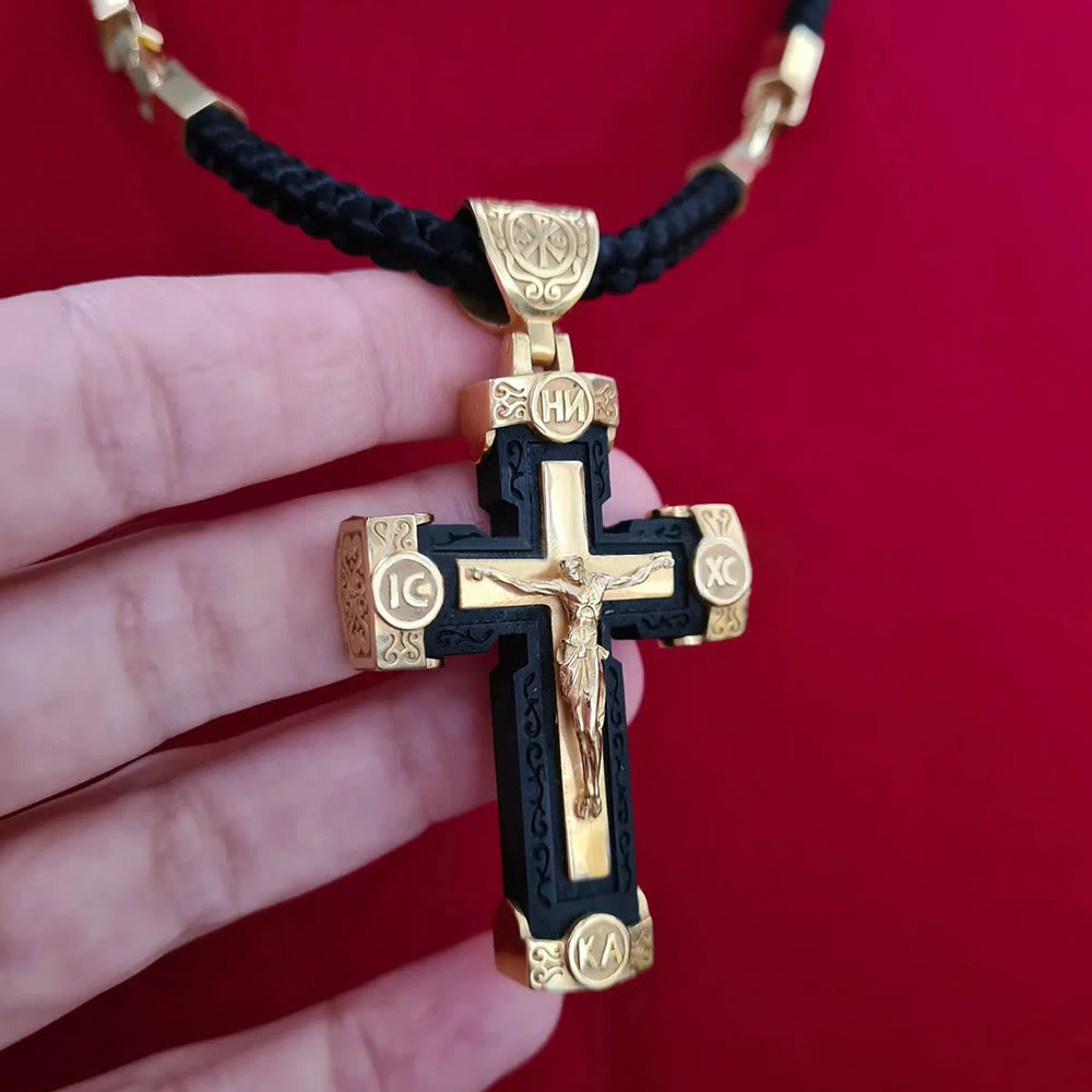 Christianartworkshop Halskette mit Anhänger im luxuriösen Kruzifix-Jesus-Kreuz aus schwarz-goldener Legierung - image 3