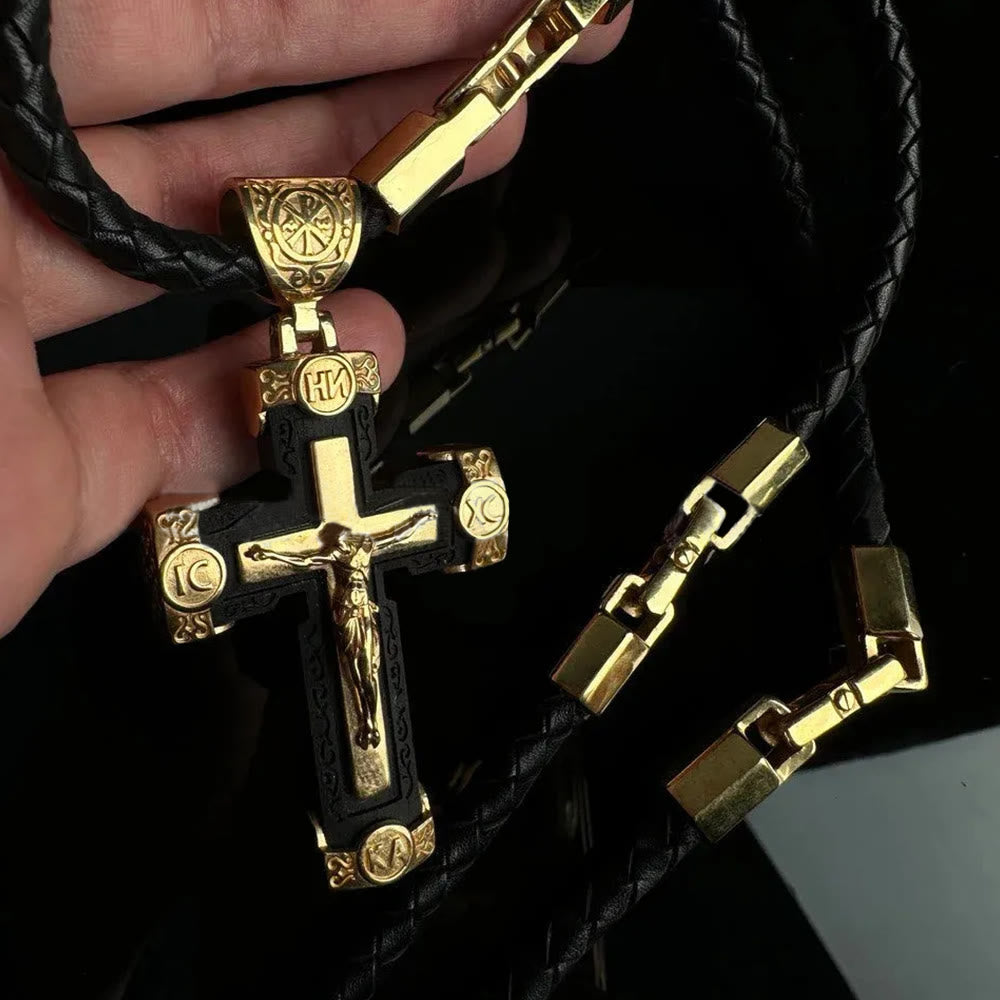 Christianartworkshop Halskette mit Anhänger im luxuriösen Kruzifix-Jesus-Kreuz aus schwarz-goldener Legierung - image 2