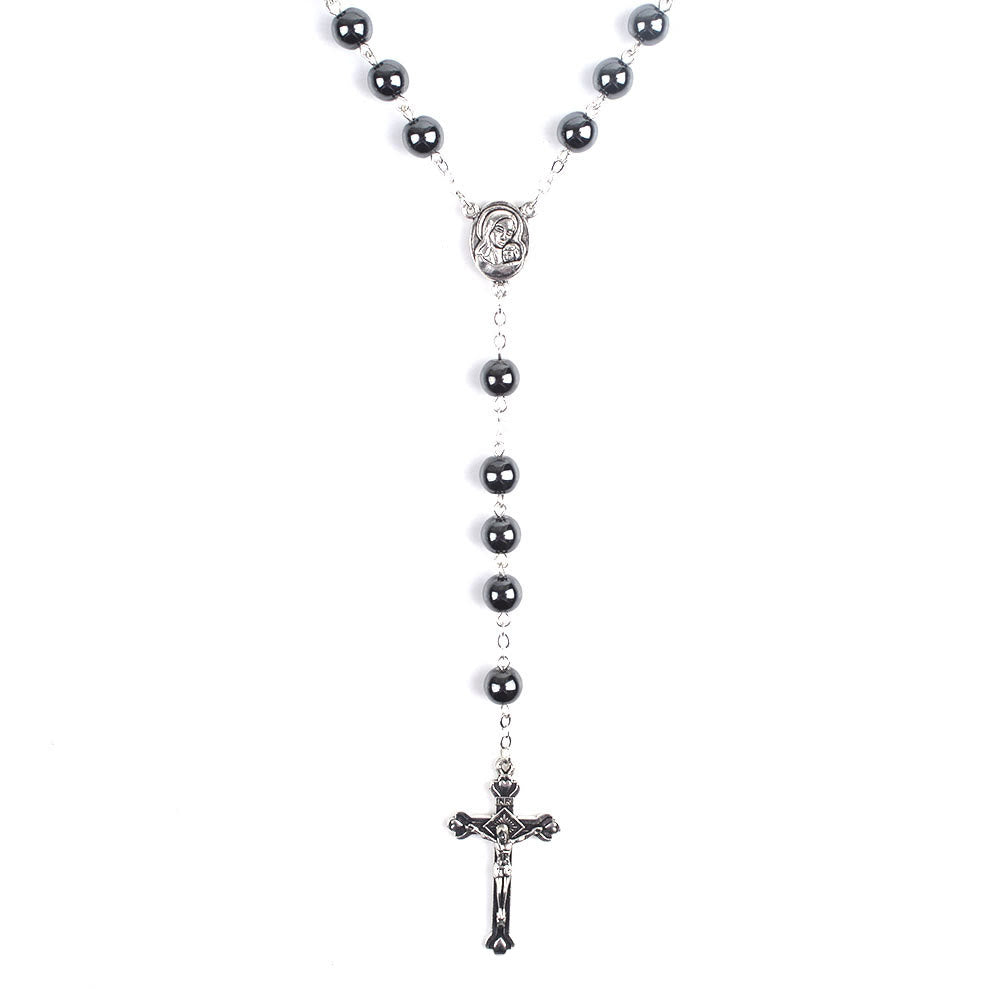 Christianartworkshop Rosenkranz mit Madonna und Kind und Kruzifix, rund, 8 mm, schwarze Hämatit-Legierung - image 4