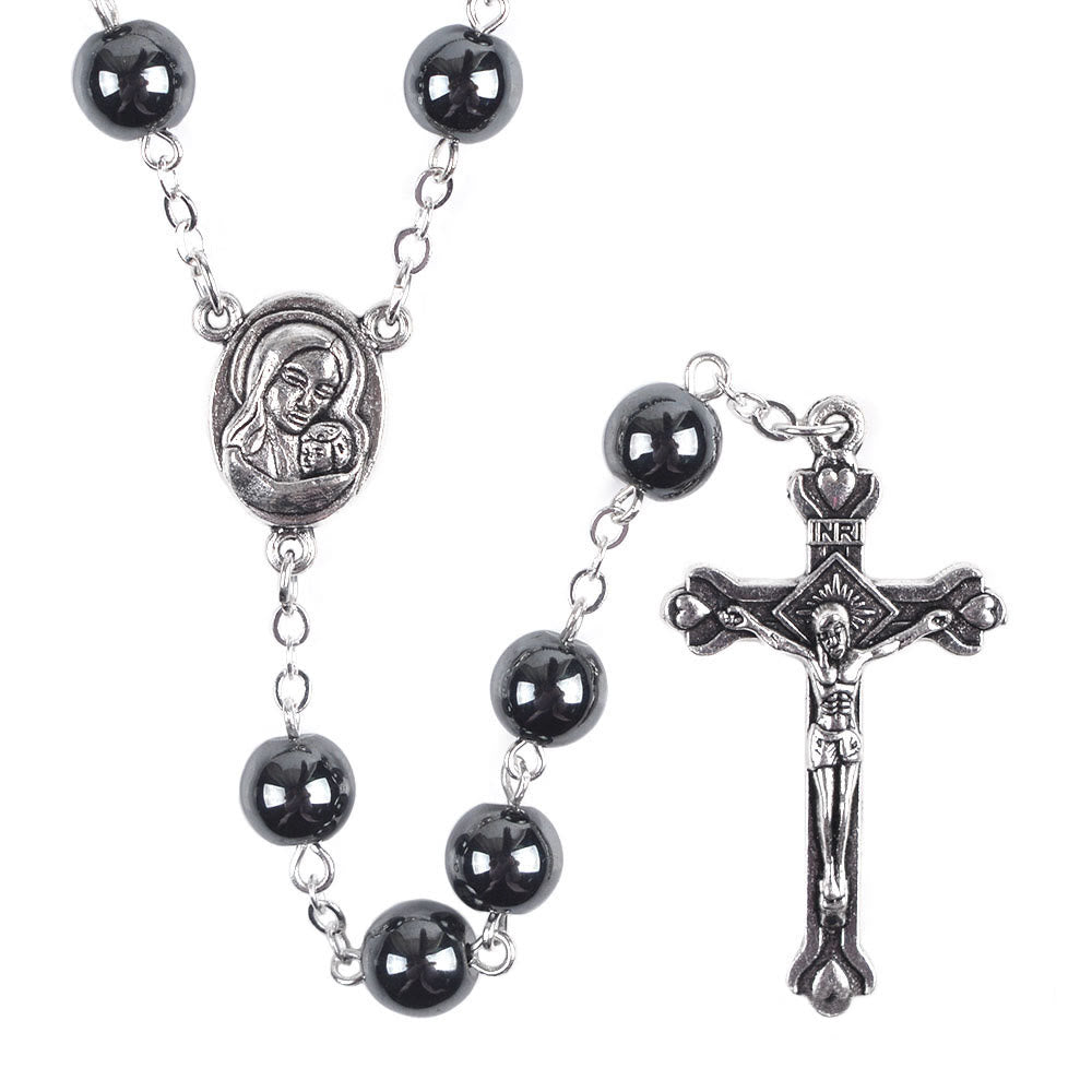 Christianartworkshop Rosenkranz mit Madonna und Kind und Kruzifix, rund, 8 mm, schwarze Hämatit-Legierung - image 2