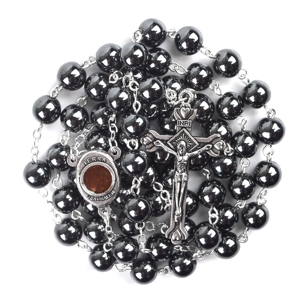 Christianartworkshop Rosenkranz mit Madonna und Kind und Kruzifix, rund, 8 mm, schwarze Hämatit-Legierung - Schwarz - image 1