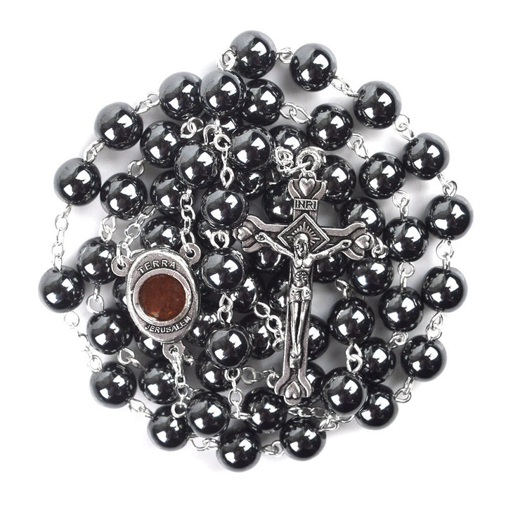 Christianartworkshop Rosenkranz mit Madonna und Kind und Kruzifix, rund, 8 mm, schwarze Hämatit-Legierung - Schwarz - image 1
