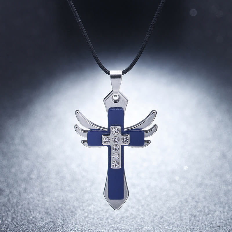 Christianartworkshop Halskette mit Anhänger im minimalistischen Stil mit Kreuz und Engelsflügeln, glänzenden Strasssteinen - image 2
