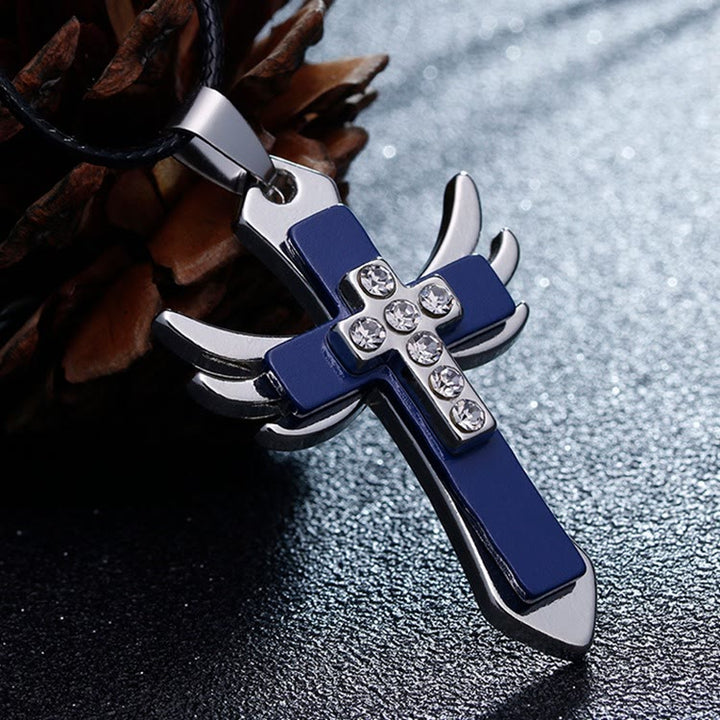 Christianartworkshop Halskette mit Anhänger im minimalistischen Stil mit Kreuz und Engelsflügeln, glänzenden Strasssteinen - Blau - image 1