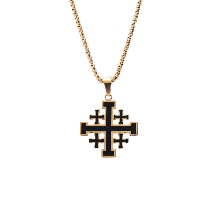 Christianartworkshop Halskette mit Jerusalem-Kreuz-Anhänger aus Titanstahl im Hip-Hop-Stil - Gold mit Kette - image 6
