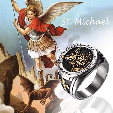 Christianartworkshop Retro-Ring aus Titanstahl mit Erzengel Michael - image 1