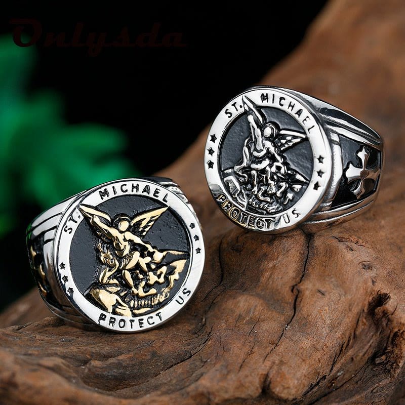 Christianartworkshop Retro-Ring aus Titanstahl mit Erzengel Michael - Silber - US 7 - image 0