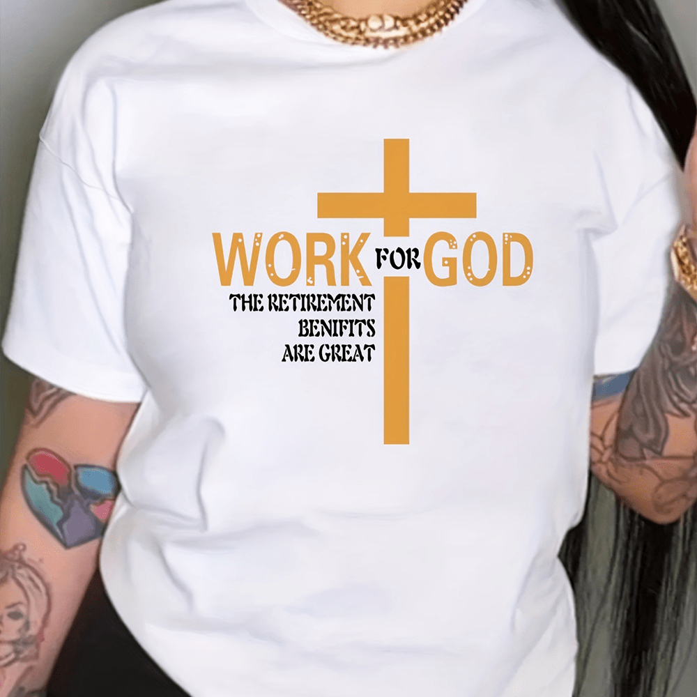 Christianartworkshop Minimalistisches modernes T-Shirt „ARBEITE FÜR GOTT“ mit Kreuz, Kurzarm, gewaschen - Weiß - 3XL - image 2