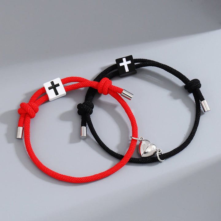 Christianartworkshop Minimalistischer Stil Herz Magnet Legierung Kreuz Verstellbar Paar Armband - Schwarz+Rot - image 4
