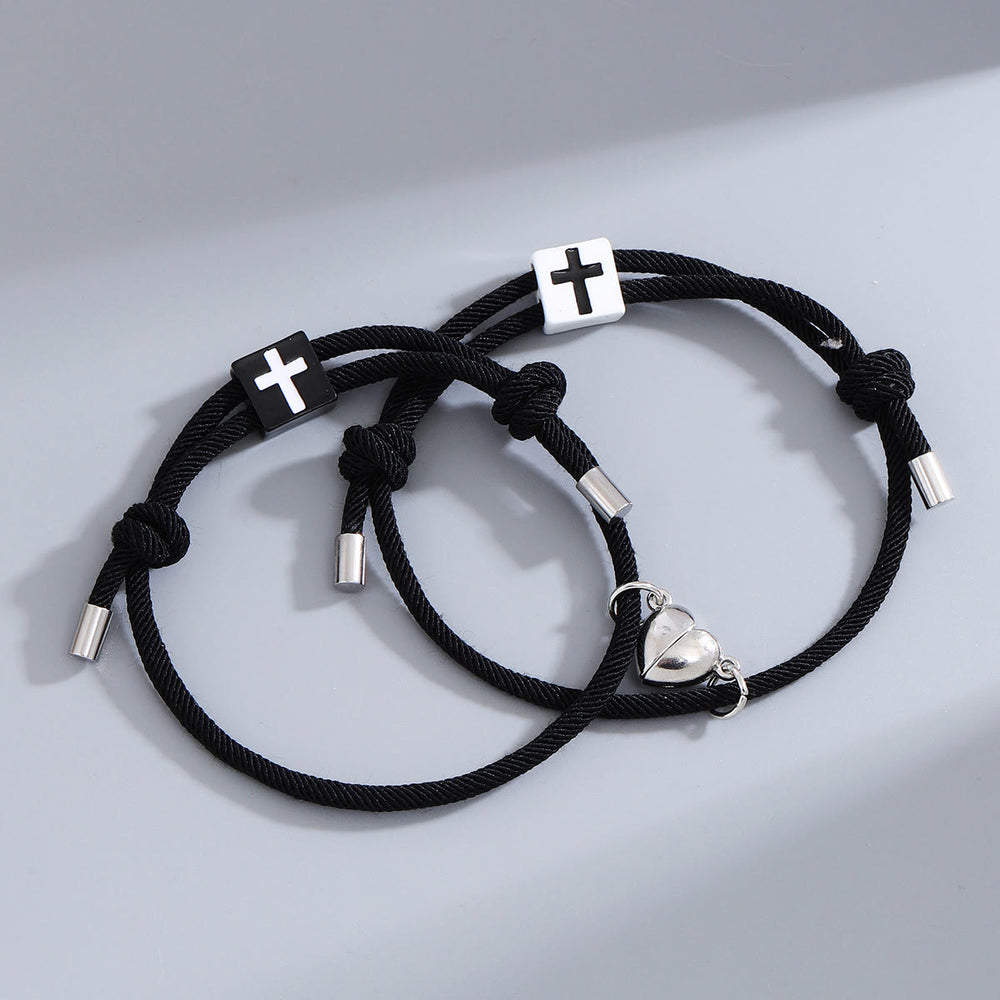 Christianartworkshop Minimalistischer Stil Herz Magnet Legierung Kreuz Verstellbar Paar Armband - Schwarz+Schwarz - image 2