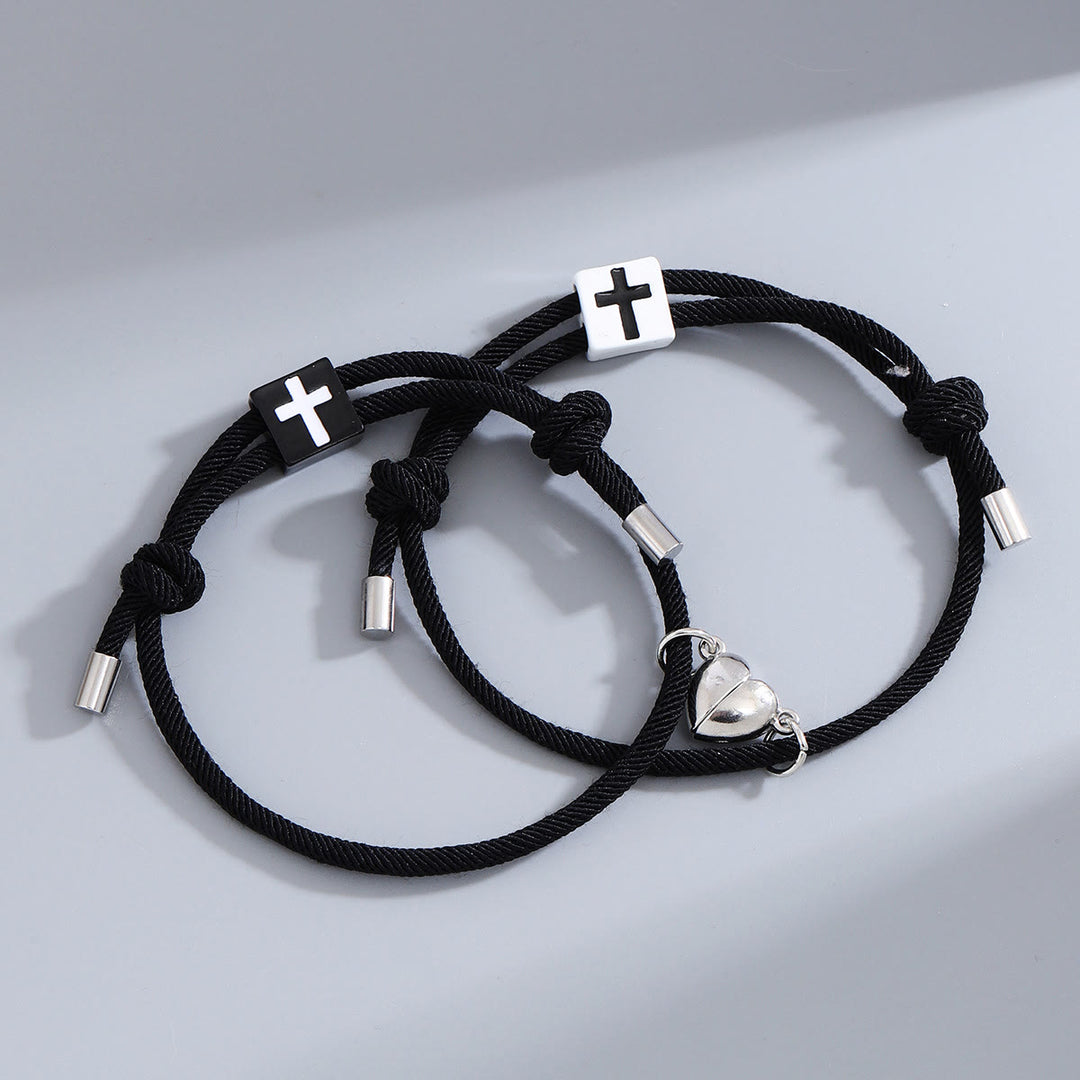 Christianartworkshop Minimalistischer Stil Herz Magnet Legierung Kreuz Verstellbar Paar Armband - Schwarz+Schwarz - image 2