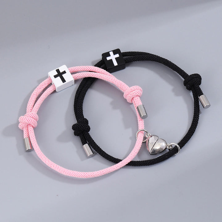 Christianartworkshop Minimalistischer Stil Herz Magnet Legierung Kreuz Verstellbar Paar Armband - Schwarz+Pink - image 3