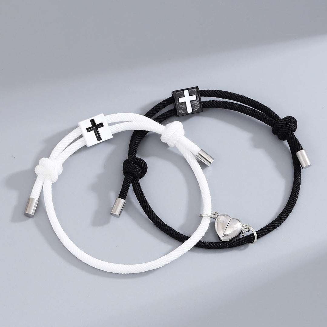Christianartworkshop Minimalistischer Stil Herz Magnet Legierung Kreuz Verstellbar Paar Armband - Schwarz+Weiß - image 1