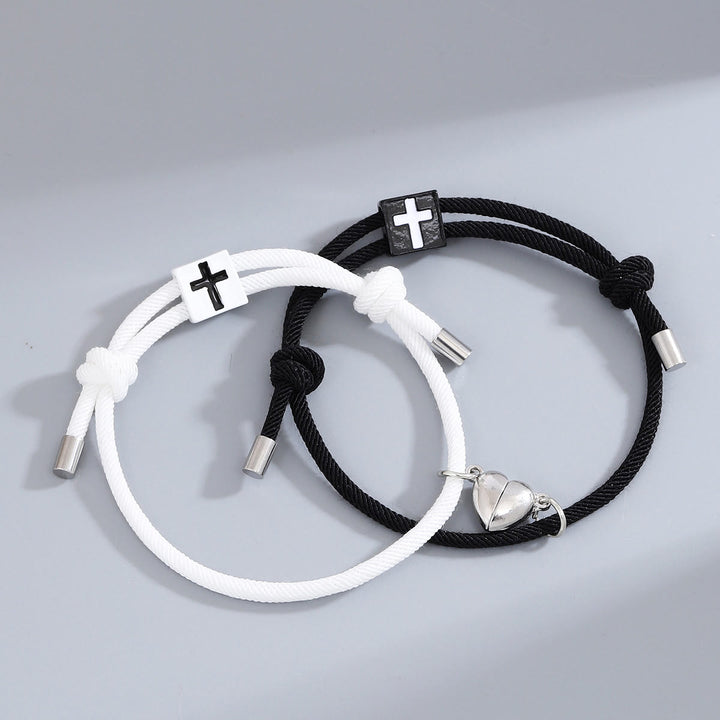 Christianartworkshop Minimalistischer Stil Herz Magnet Legierung Kreuz Verstellbar Paar Armband - Schwarz+Weiß - image 1