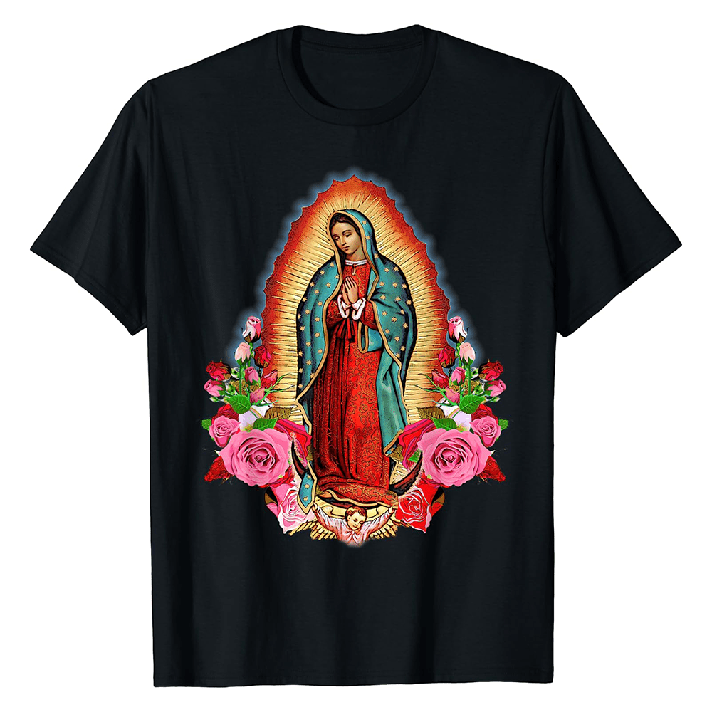 Christianartworkshop Klassisches, farbiges T-Shirt „Unsere Liebe Frau von Guadalupe“ mit kurzen Ärmeln und gewaschenem Design - 4XL - image 1