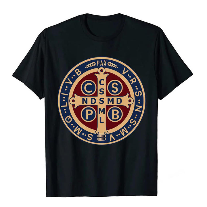 Christianartworkshop Klassisches farbiges T-Shirt mit St. Benedict-Schutzsymbol, kurzärmelig, gewaschen - Schwarz - 3XL - image 1