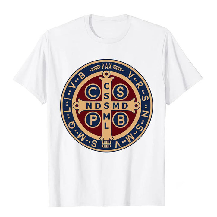 Christianartworkshop Klassisches farbiges T-Shirt mit St. Benedict-Schutzsymbol, kurzärmelig, gewaschen - Weiß - 3XL - image 5