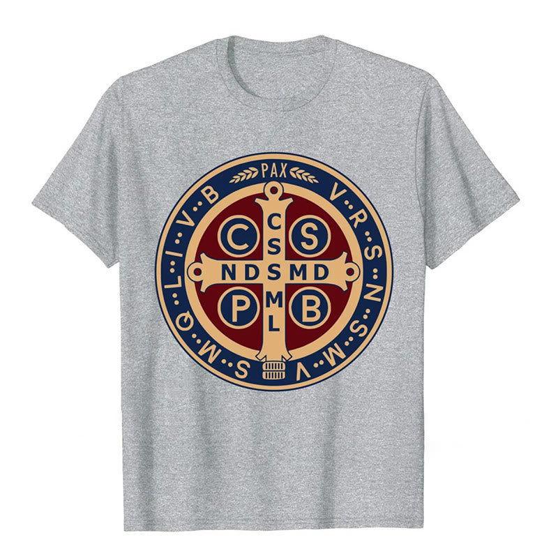 Christianartworkshop Klassisches farbiges Kurzarm-T-Shirt mit St.-Benedikt-Symbol - Grau - 2XL - image 7