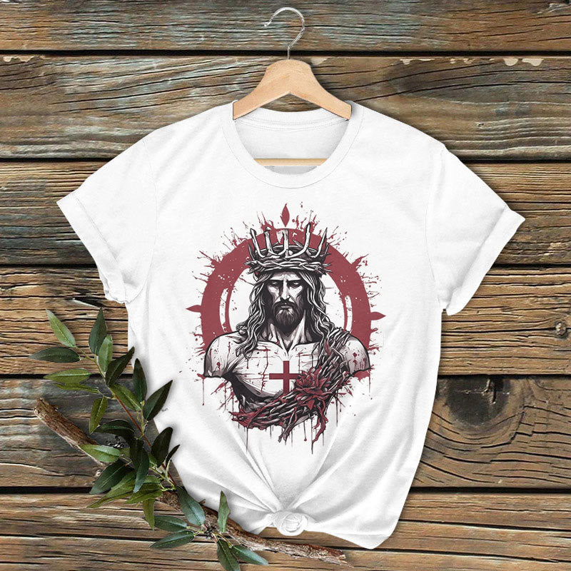 Christianartworkshop Klassisches, farbiges T-Shirt mit der Kreuzigung und Erlösung Jesu, kurzärmlig, gewaschen - Weiß - 2XL - image 1