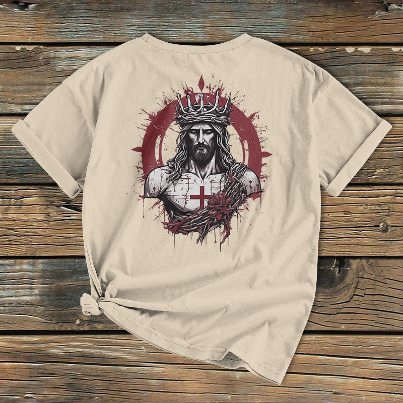 Christianartworkshop Klassisches farbiges Kurzarm-T-Shirt im Used-Look: Kreuzigung und Erlösung Jesu - image 4