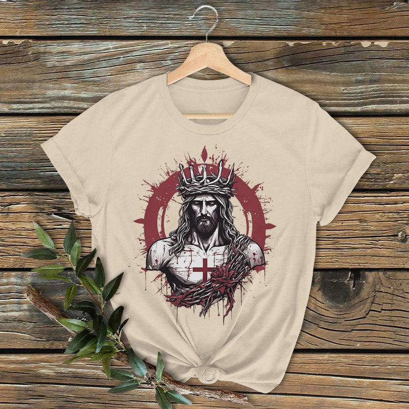 Christianartworkshop Klassisches farbiges Kurzarm-T-Shirt im Used-Look: Kreuzigung und Erlösung Jesu - Beige - 2XL - image 1