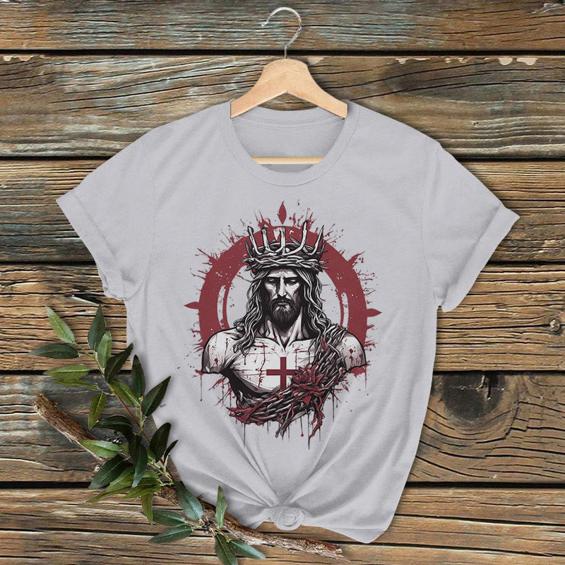 Christianartworkshop Klassisches farbiges Kurzarm-T-Shirt im Used-Look: Kreuzigung und Erlösung Jesu - Grau - 2XL - image 2