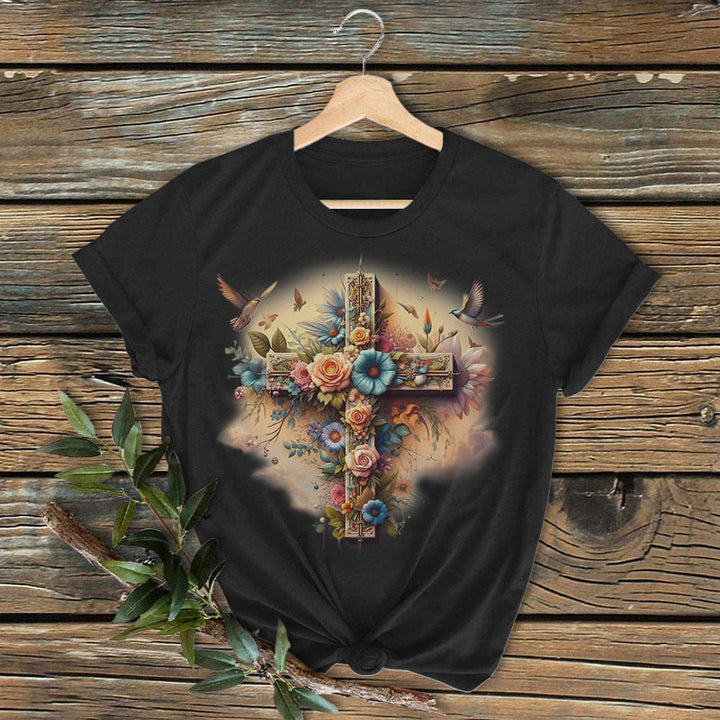 Christianartworkshop Klassisches farbiges Kurzarm-T-Shirt mit Kreuz der Liebe, gewaschen - Schwarz - 2XL - image 1