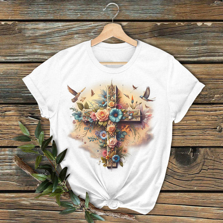 Christianartworkshop Klassisches farbiges Kurzarm-T-Shirt mit Kreuz der Liebe, gewaschen - Weiß - 2XL - image 0