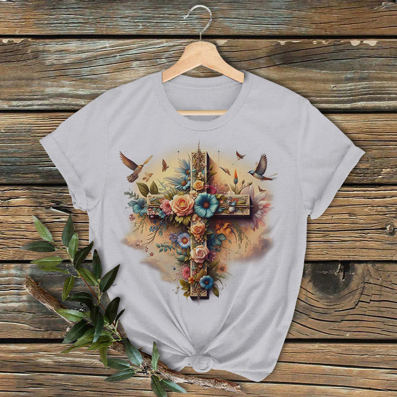 Christianartworkshop Klassisches farbiges Kurzarm-T-Shirt mit Kreuz der Liebe, gewaschen - Grau - 2XL - image 2