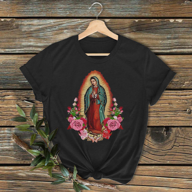 Christianartworkshop Klassisches, farbiges T-Shirt „Unsere Liebe Frau von Guadalupe“ mit kurzen Ärmeln und gewaschenem Design - Schwarz - 2XL - image 2