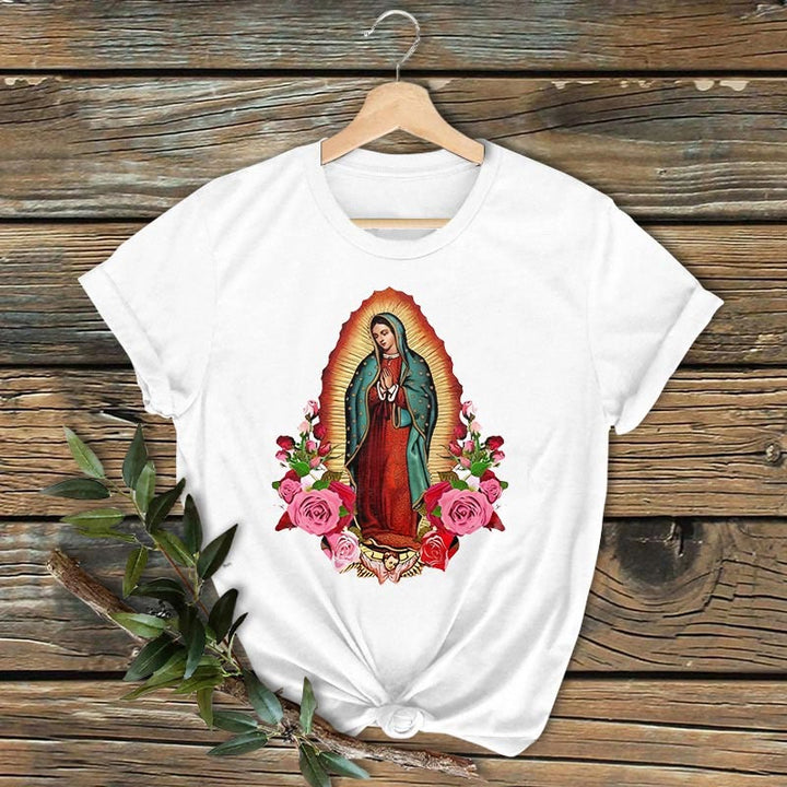 Christianartworkshop Klassisches, farbiges T-Shirt „Unsere Liebe Frau von Guadalupe“ mit kurzen Ärmeln und gewaschenem Design - Weiß - 2XL - image 1