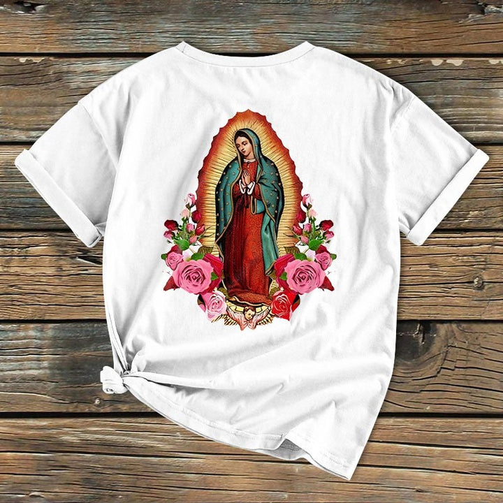Christianartworkshop Klassisches, farbiges T-Shirt „Unsere Liebe Frau von Guadalupe“ mit kurzen Ärmeln und gewaschenem Design - image 4