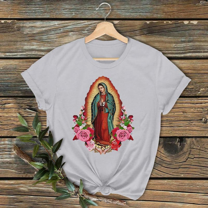 Christianartworkshop Klassisches, farbiges T-Shirt „Unsere Liebe Frau von Guadalupe“ mit kurzen Ärmeln und gewaschenem Design - Grau - 2XL - image 3