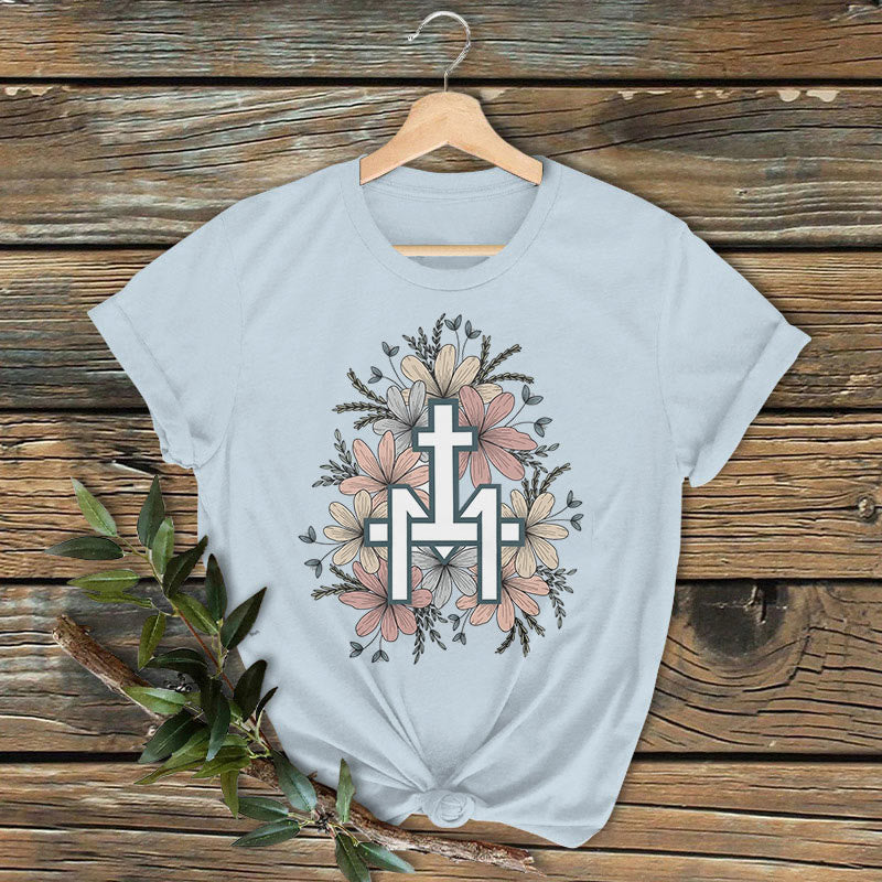 Christianartworkshop Klassisches, farbiges T-Shirt mit Blumenmuster und Marienkreuz, kurzärmlig, gewaschen - Blau - 2XL - image 5