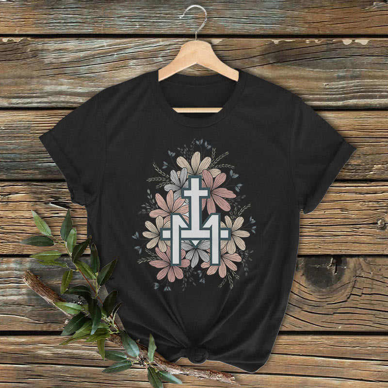 Christianartworkshop Klassisches, farbiges T-Shirt mit Blumenmuster und Marienkreuz, kurzärmlig, gewaschen - Schwarz - 2XL - image 2