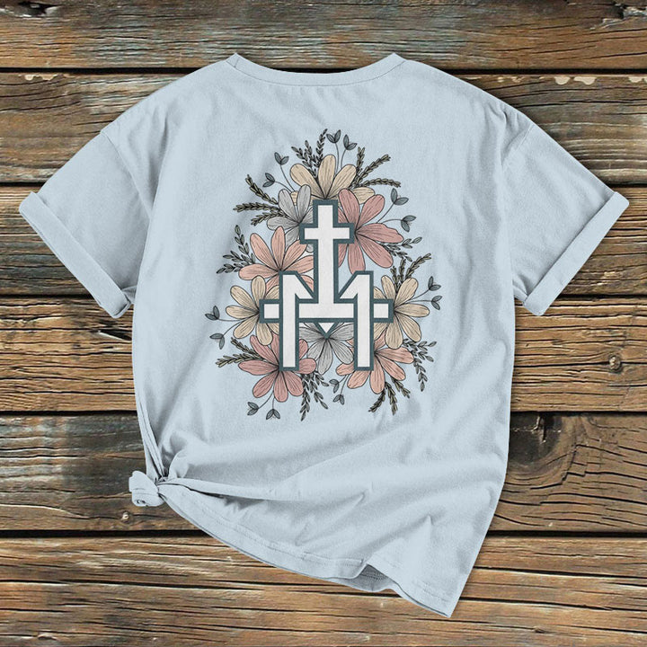 Christianartworkshop Klassisches, farbiges T-Shirt mit Blumenmuster und Marienkreuz, kurzärmlig, gewaschen - image 10