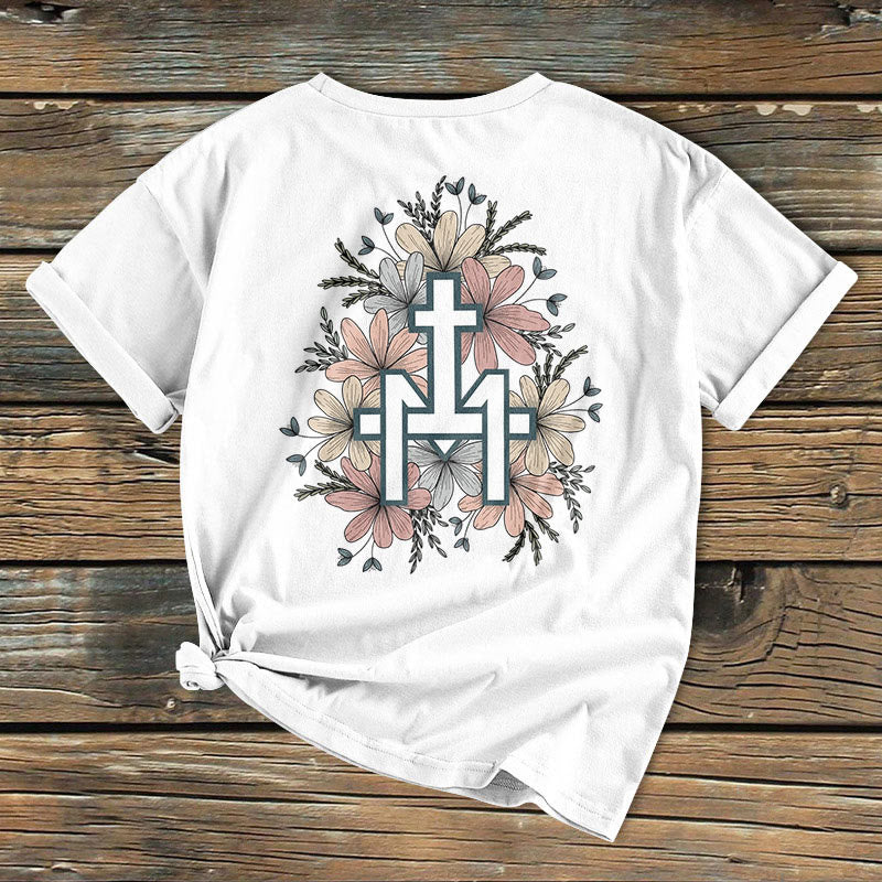 Christianartworkshop Klassisches, farbiges T-Shirt mit Blumenmuster und Marienkreuz, kurzärmlig, gewaschen - image 6