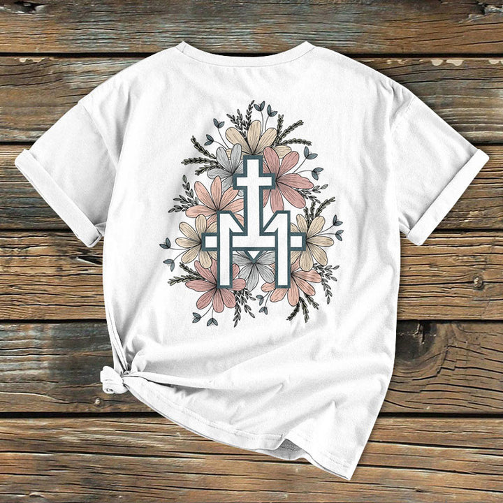 Christianartworkshop Klassisches, farbiges T-Shirt mit Blumenmuster und Marienkreuz, kurzärmlig, gewaschen - image 6
