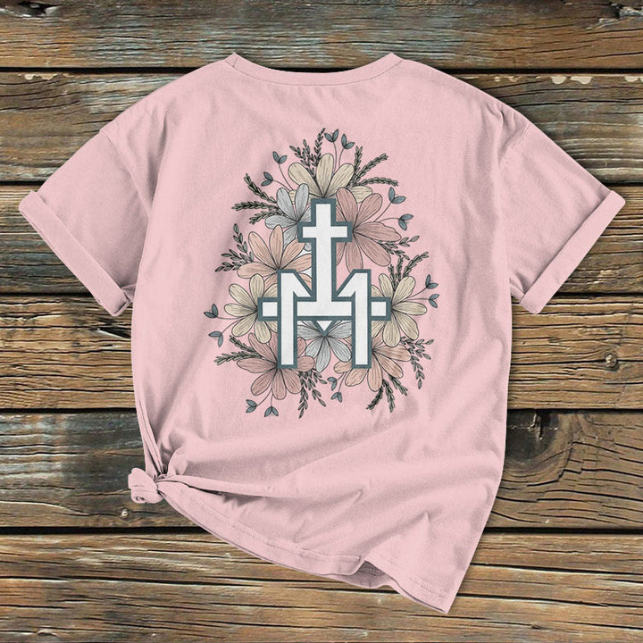 Christianartworkshop Klassisches, farbiges T-Shirt mit Blumenmuster und Marienkreuz, kurzärmlig, gewaschen - image 9
