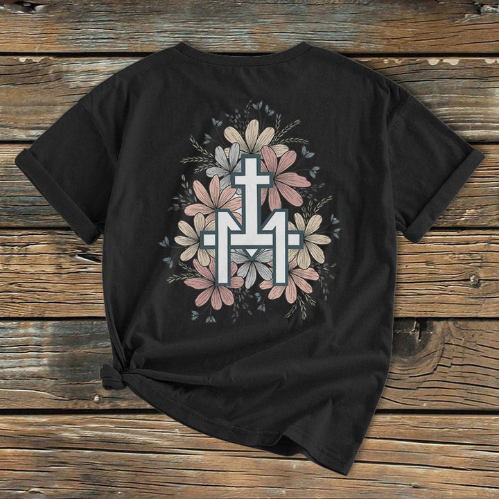 Christianartworkshop Klassisches, farbiges T-Shirt mit Blumenmuster und Marienkreuz, kurzärmlig, gewaschen - image 7