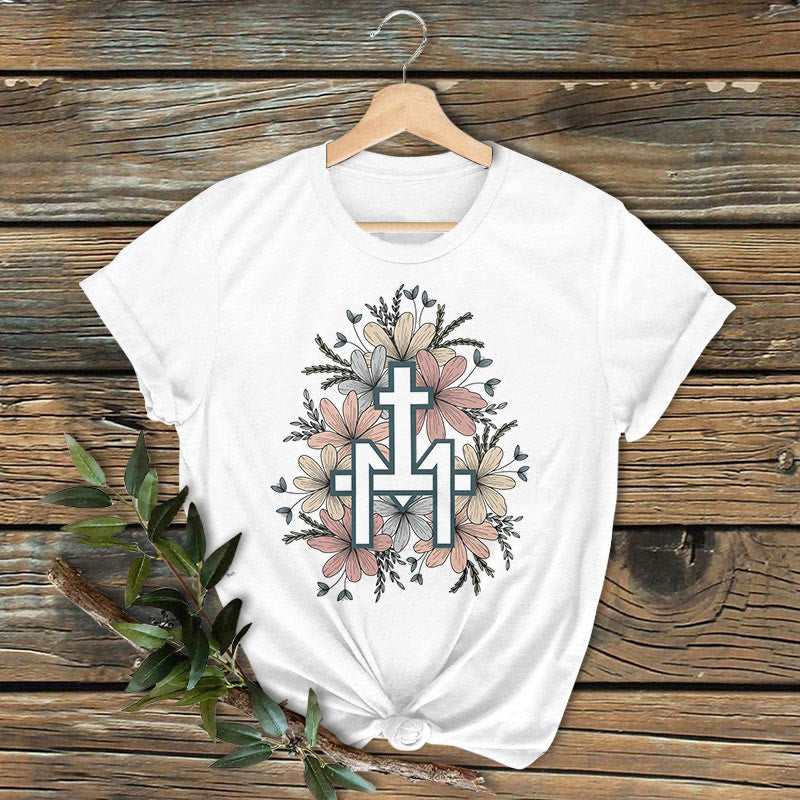 Christianartworkshop Klassisches, farbiges T-Shirt mit Blumenmuster und Marienkreuz, kurzärmlig, gewaschen - Weiß - 2XL - image 1