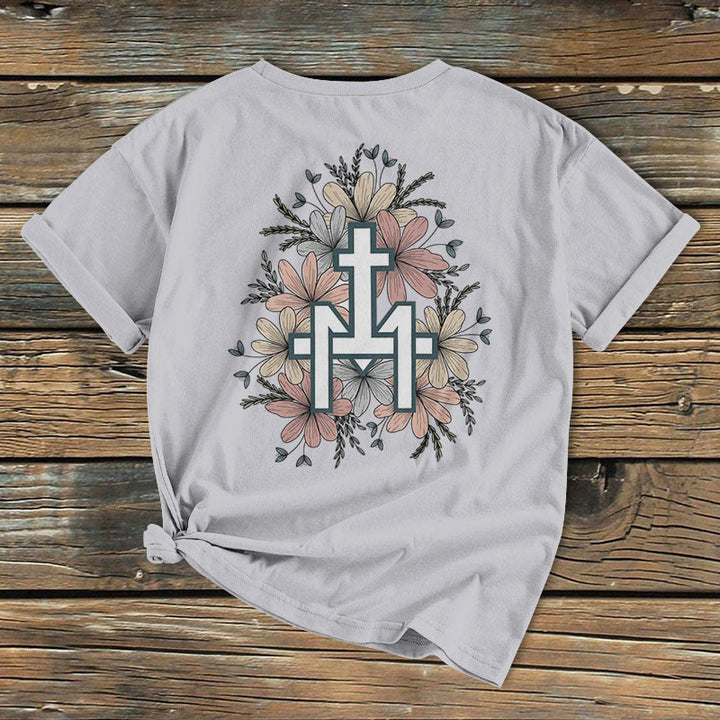 Christianartworkshop Klassisches, farbiges T-Shirt im floralen Stil mit Marianenkreuz, Kurzarm, gewaschen - image 7